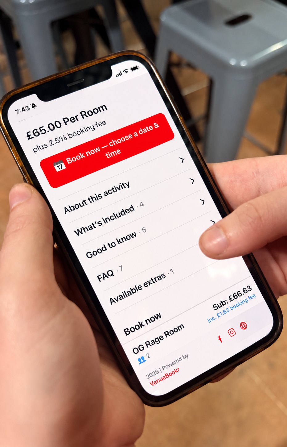 Booking a rage room on a phone, with the total shown before checkout
