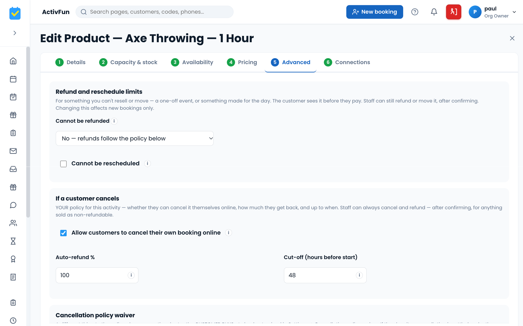 An activity's own rules in the demo venue: whether it can be refunded or moved, cancelling online, the refund and the cut-off