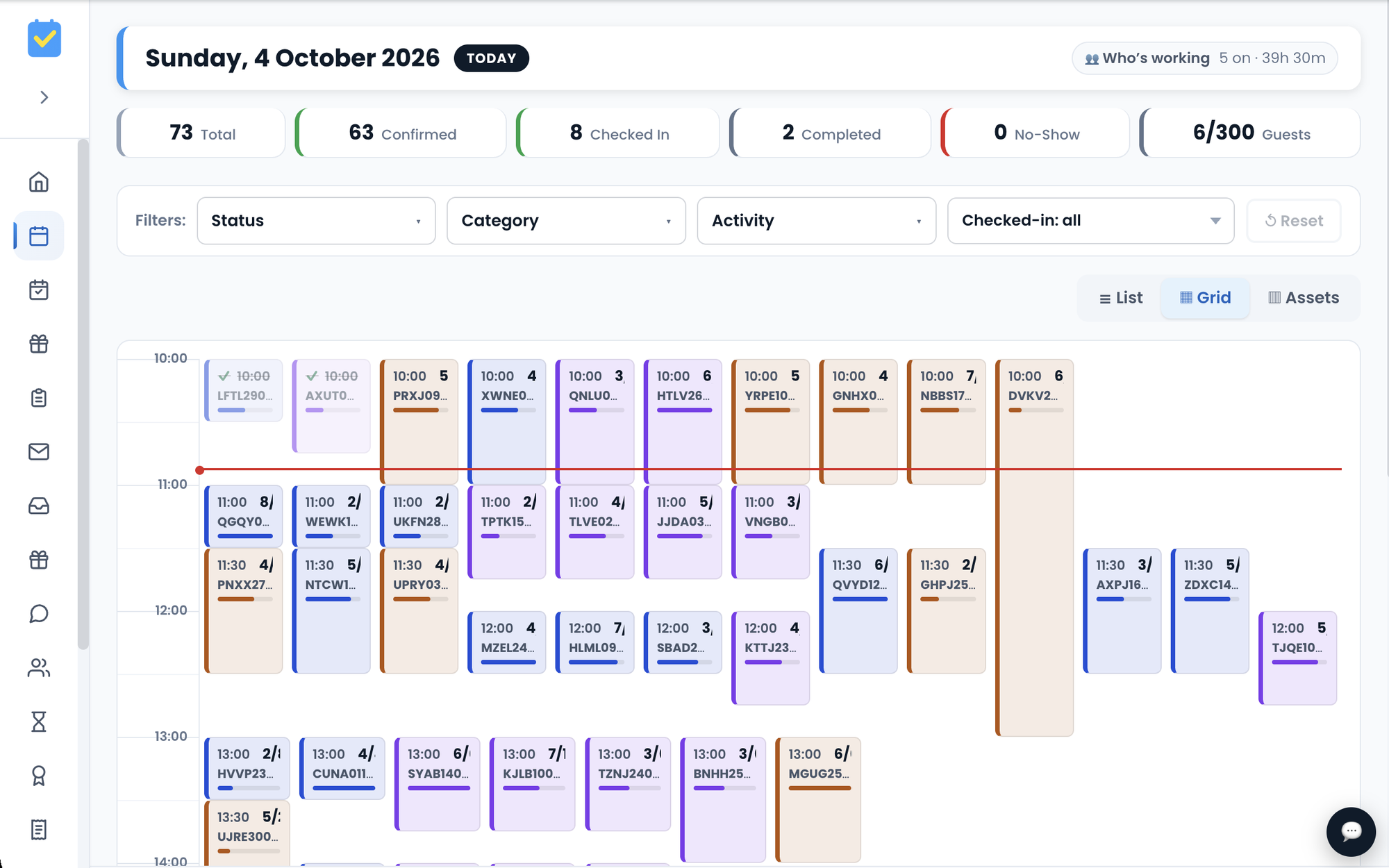 The Day Plan in the demo venue on a full Sunday: every session from 10:00 with its guests, check-ins and a line for the time now