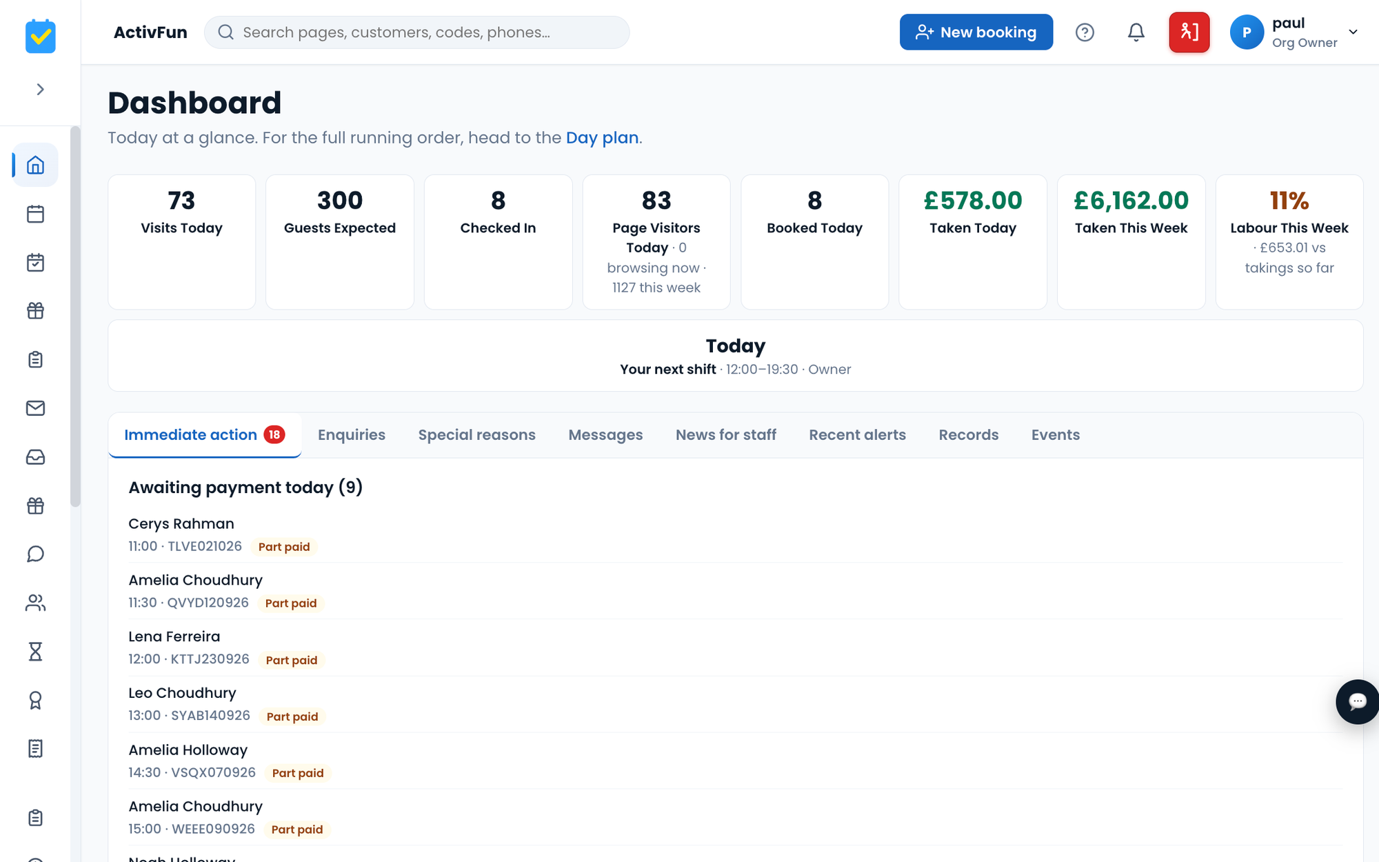 The VenueBookr dashboard in the demo venue: today's visits, guests expected, check-ins and money taken, with the bookings still to pay