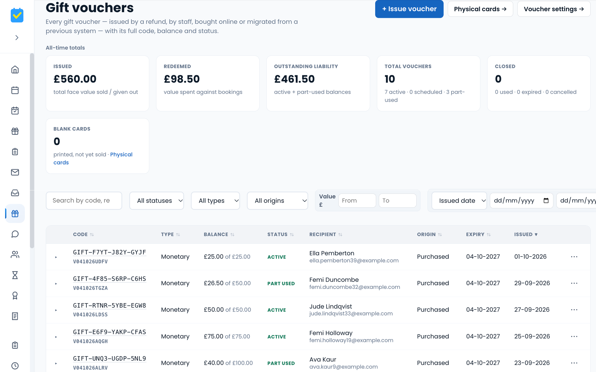 The gift voucher register in the demo venue: vouchers sold online, part-spent balances and the total still to be spent