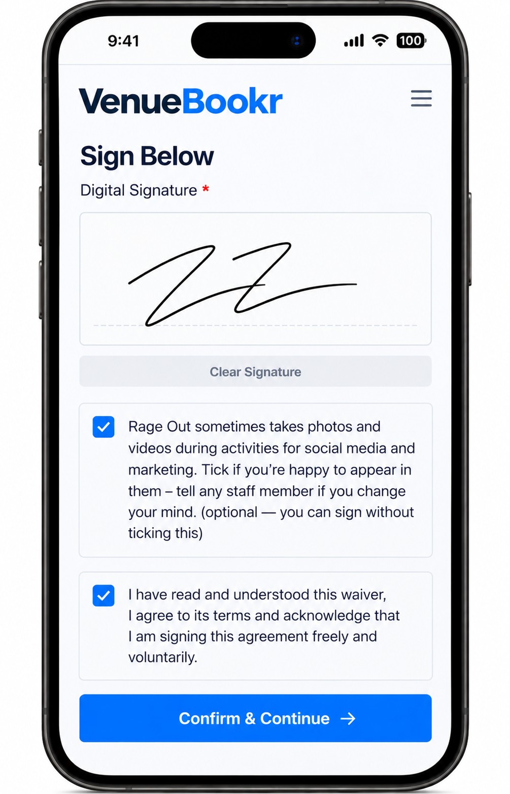 A waiver being signed on a phone, with the photo consent ticked